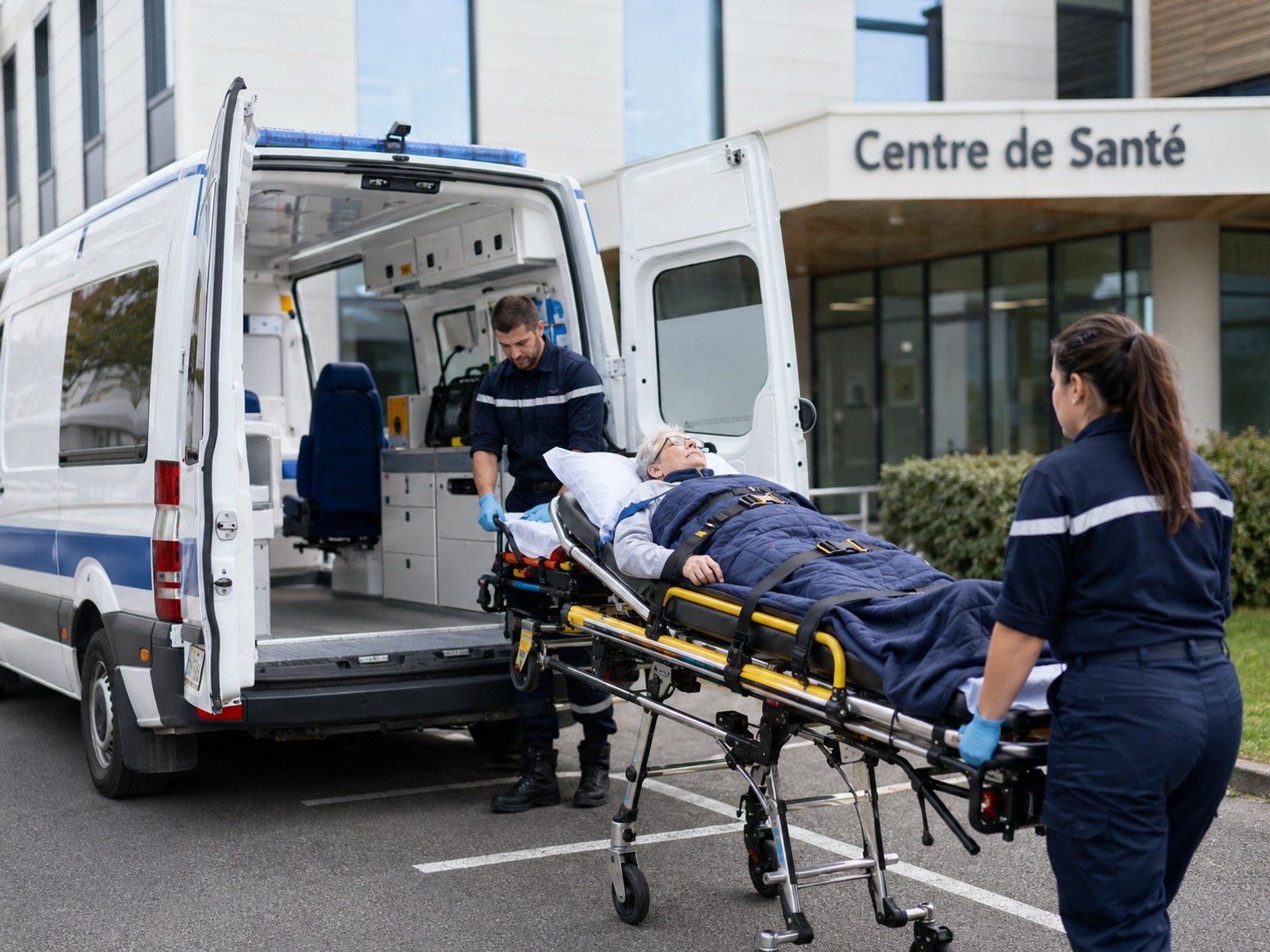 Ambulance prête pour un transport allongé devant un établissement de soins